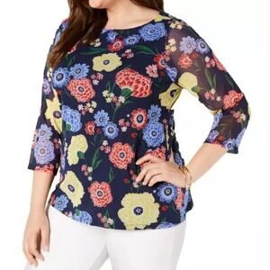 Charter Club Large Navy Blue Vibrant Floral Mesh Blouse Stretch Top 3/4 Sleeve